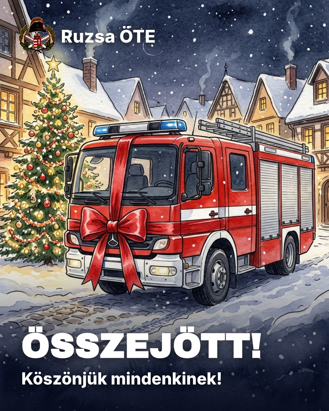 Rajz: piros tűzoltóautó masnival egy karácsonyfa mellett, ÖSSZEJÖTT! felirattal